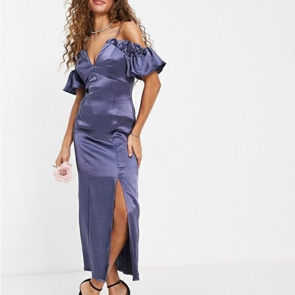 NWT l Topshop Bridesmaid Ruffle Bardot Dress l Navy, US 6 l Thigh Slit, Romantic - Picture 1 of 16